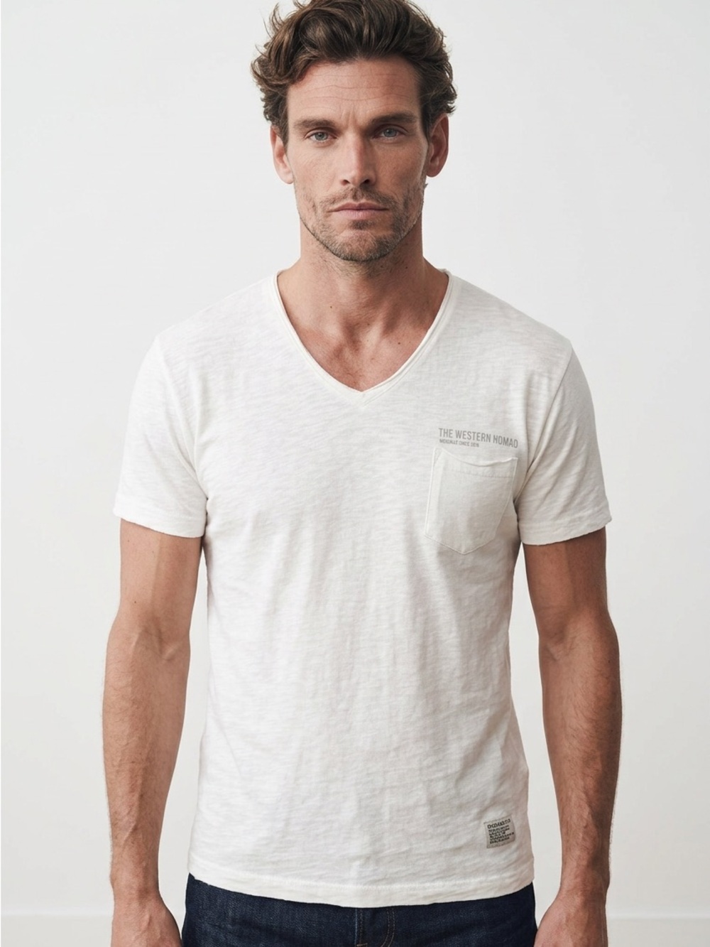 Men's Slub V-Neck Pocket Tee in White